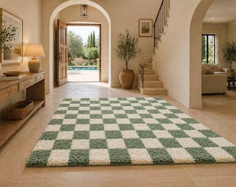 Alfombra a cuadros verde salvia, alfombra de felpa tejida a mano, alfombra moderna para sala de estar.
