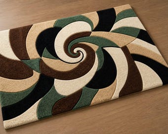 Tappeto astratto a spirale trapuntato, tappeto geometrico moderno a vortice, soggiorno dai toni terrosi