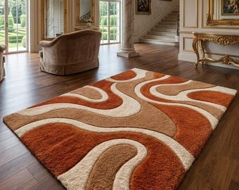 Tappeto in lana trapuntato fatto a mano, tappeto moderno astratto, tappeto bianco arancio bruciato, tappeto in stile moderno di metà secolo, tappeto boho per soggiorno.