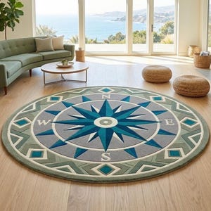 Teal Round Rug, Hand-Tufted Wool Blend with 3D Compass Rose, Handmade Rugs, Made in india, Free Shipping Worldwide, Custom Size Available