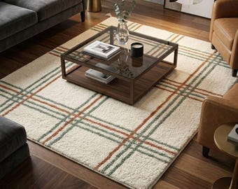 Alfombra a cuadros color crema, líneas verde óxido, alfombra minimalista moderna, estilo escandinavo para el hogar.