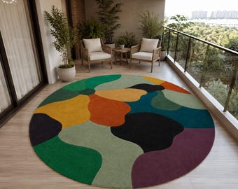 Round Abstract Wool Rug, Handmade Modern Round Area Rug, Color Block Circle Carpet, Contemporary Tufted Rug, Custom Round Rug 9x9 12x12 6x6