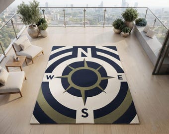 Tappeto con bussola, tappeto nautico, tappeto moderno con rosa dei venti, tappeto blu navy per soggiorno, arredamento costiero, tappeto geometrico per pavimento, dimensioni personalizzate
