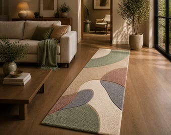 Tappeto passatoia in lana trapuntato a mano: tappeto astratto in stile boho per corridoio con sentiero nel prato.