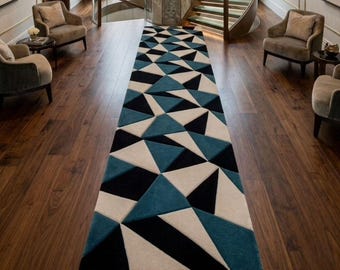 Moderner Geometrischer Teppichläufer, Abstrakter Dreieck Flur Teppich, Blau Weiß Schwarz Wohnkultur