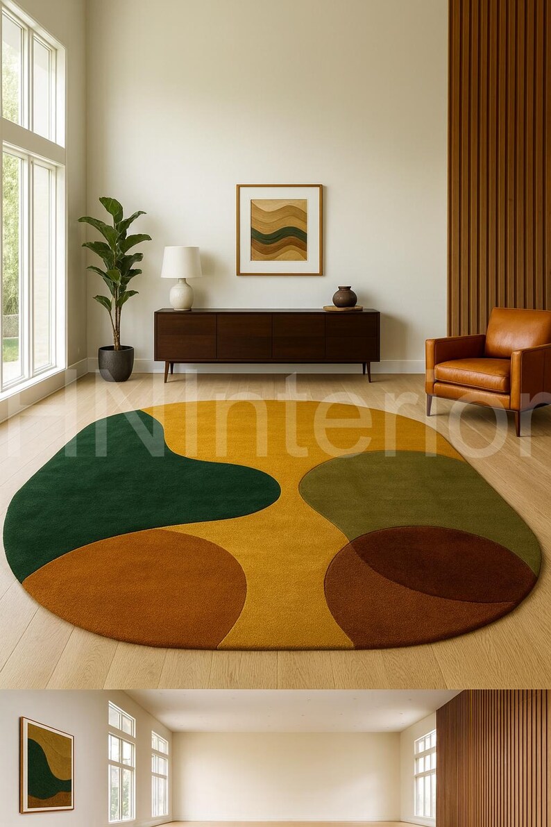 Green Earthy Pattern Rug Modern Abstract Earth Tone Area Rug Green Mustard Brown Irregular Shape ...