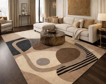 Alfombra abstracta moderna - Alfombra de lana tejida a mano para sala de estar - Alfombra moderna de mediados de siglo en tonos tierra neutros - Alfombra minimalista grande,