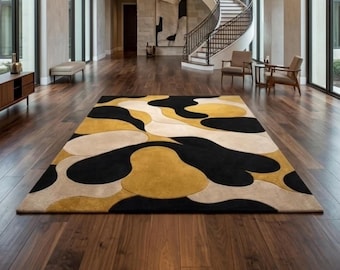 Alfombra de lana tejida a mano, moderna, abstracta, negra, dorada y crema.
