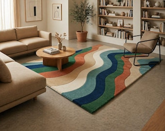 Tappeto trapuntato astratto a onde, realizzato a mano, tappeto boho contemporaneo per soggiorno