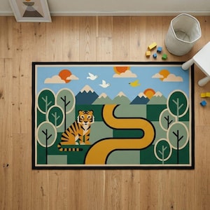 Alfombra de juegos con paisaje de tigre, alfombra infantil con dibujos animados, decoración infantil con temática de bosque.