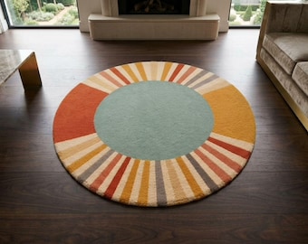 Alfombra de lana hecha a mano con diseño de rayos de sol, alfombra moderna abstracta con mechones, alfombra redonda estilo boho para sala de estar.
