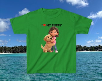 J'aime mon chiot t-shirts | T-shirt petite fille qui câline son chiot