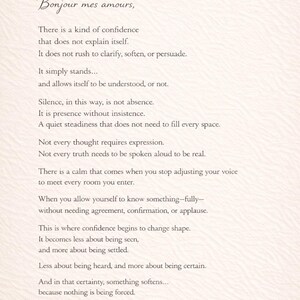 May include: A printed card with a red wax seal featuring a letter "P" and the words "Bonjour mes amours" at the top. The card contains a poem about confidence and ends with the word "Paris".