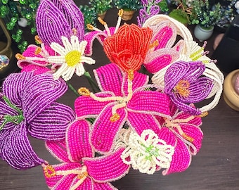 Handcrafted Glass Seed Bead Flowers, Copper Wire Stems, Elegant Floral Décor