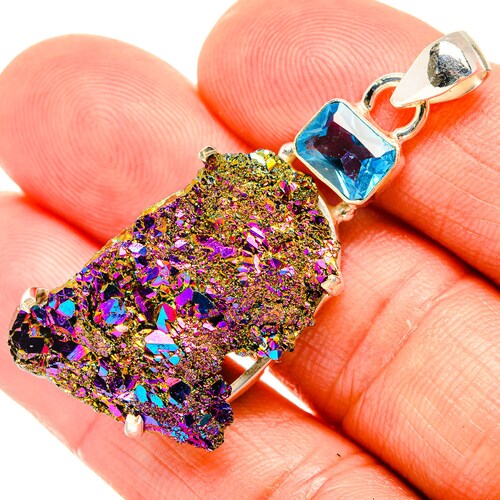 Titanium Sunshine Druzy, Blue Topaz Pendant 2