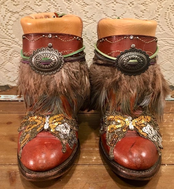 Handcrafted Stetson Whiskey Cowgirl Boots with Feathers and Butterfly Sequins size 8 1/2M