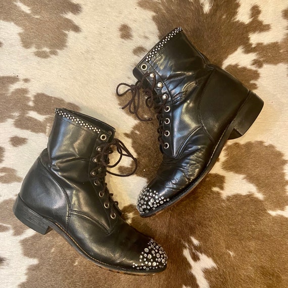 Black Leather Lace Up Granny Packer Western Boots with Rhinestone Toes by Justin Boots women size 6 1/2 M.