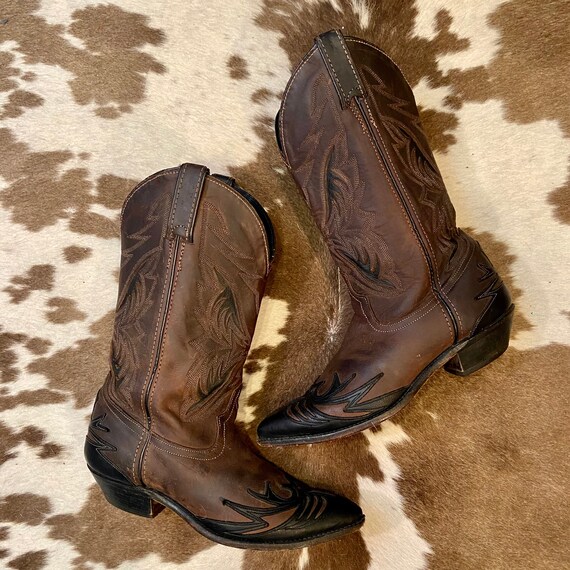 Brown and Black Leather Vintage Code West Cowboy or Cowgirl Western Boots with wingtips mens 8 womans 9 1/2