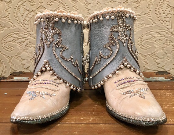 Custom Baby Blue and Ivory Cowgirl Bling Boots size 7 1/2M
