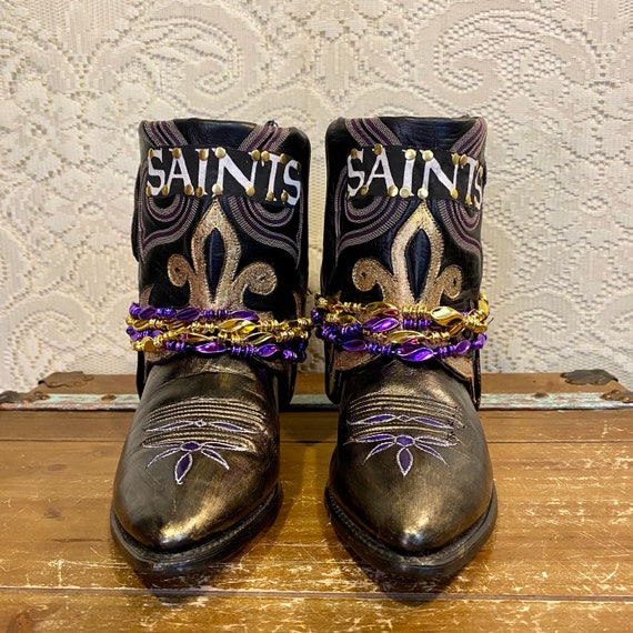Hand Crafted New Orleans Saints Mardi Gras Football Fan Ankle Cowgirl Booties women's size 8 1/2 M