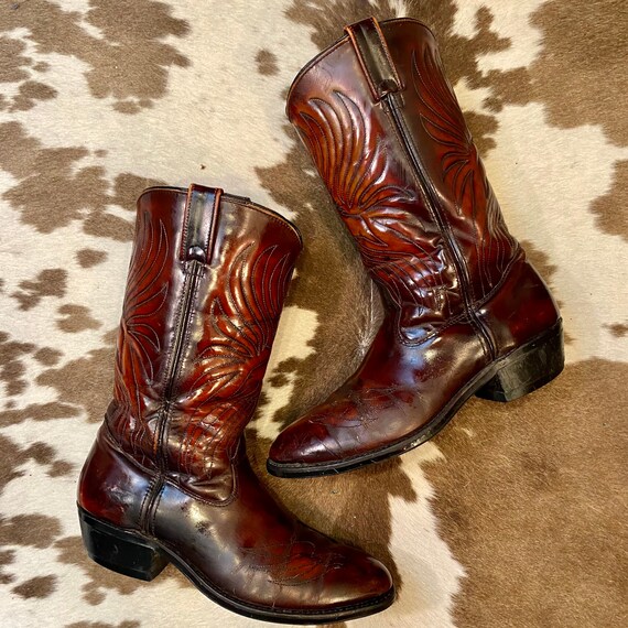 Vintage Brown Leather Iron Age Cowboy Boots with Rainbow Stitched Thunderbird Phoenix mens 9 D woman’s 10 1/2 to 11