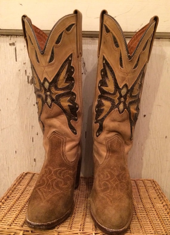 Miss Capezio Tan Cowgirl Boots with Butterfly Inlays size 7