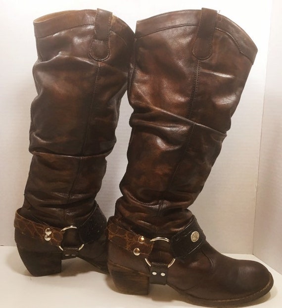 Hand Painted Leather Slouch Harness Boots size 8 1/2