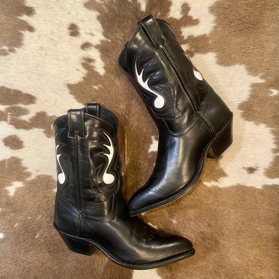 Vintage Code West Cowgirl Ankle Booties Black Leather with White Music Note Inlays women’s size 6 M