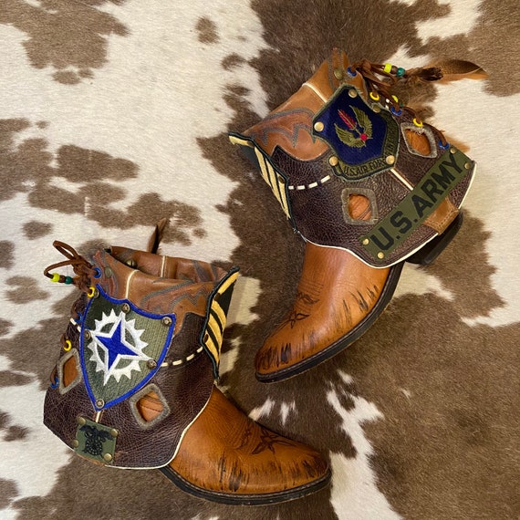 Handcrafted Vintage Tony Lama Cowgirl Ankle Booties with Military Patches and Lacing women’s size 7 1/2 M