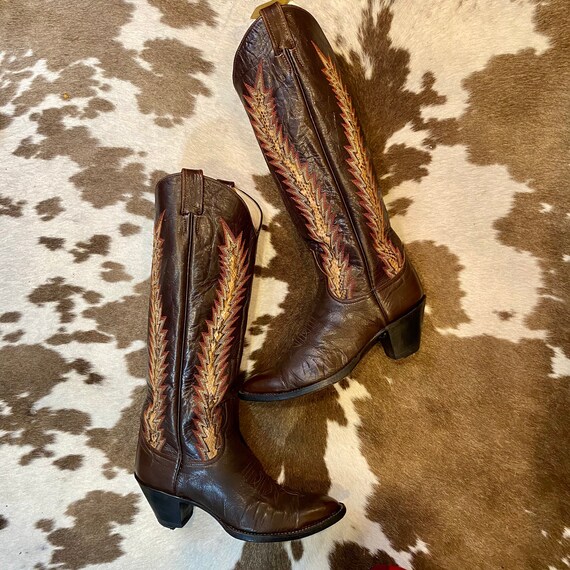 Tall Brown Leather and Snakeskin Fancy Stitched Vamps Larry Mahan Cowgirl Boots size 8 1/2 M