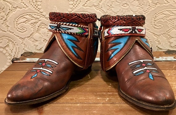 Handmade Vintage Acme Cowgirl Booties with Southwestern seed belt women's size 9 to 9 1/2