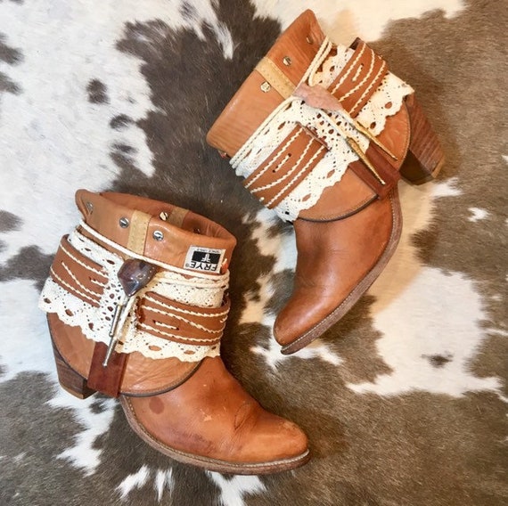Handcrafted Vintage Frye Cowgirl Booties with lace and bolo ties women's size 10B