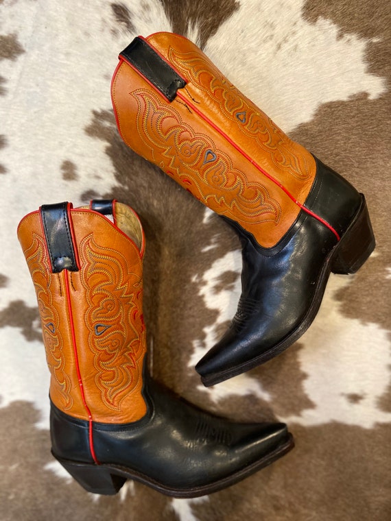 Tony Lama Black and Tan Leather Embroidered Cowgirl Boots size 6 1/2 B
