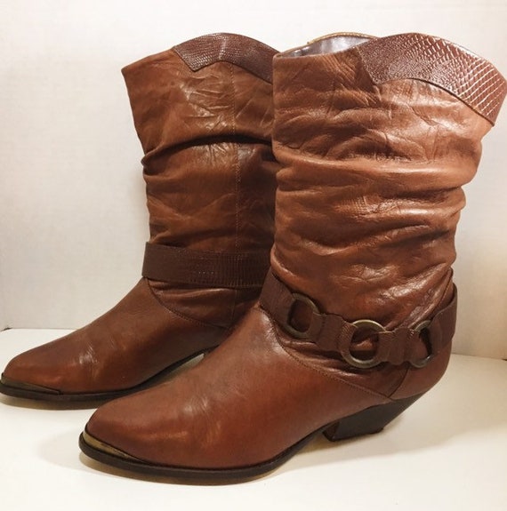 Brown Leather Slouch Boots with Harness size 8 1/2