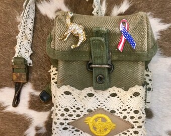 Hand crafted Vintage Army Canteen lace purse with vintage military patches and pins
