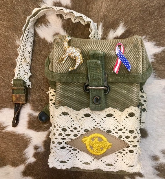 Hand crafted Vintage Army Canteen lace purse with vintage military patches and pins