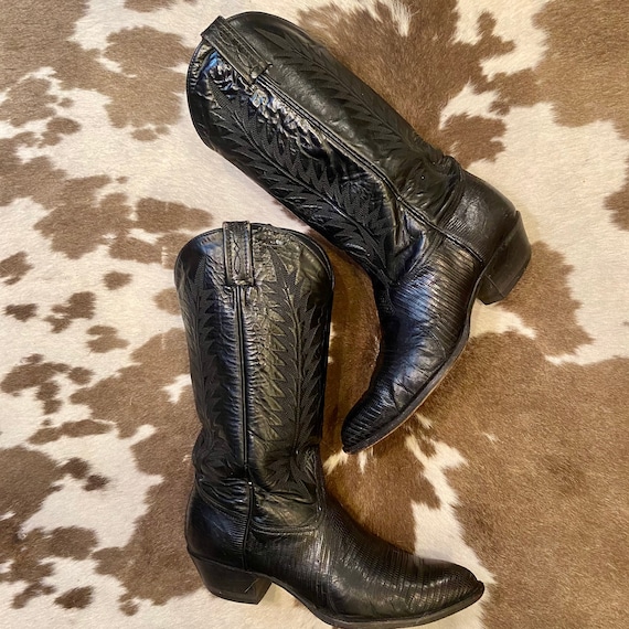 Black Leather Vintage Tony Lama Lizard Embossed Cowgirl Boots women’s size 8 M