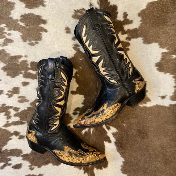 Vintage Black Leather and Snakeskin Code West Cowboy Boots with Inlays mens 8 1/2 D woman’s 10 M