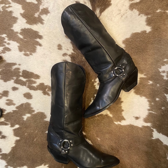 Vintage Black Leather Cowgirl Harness Boots from Zodiac size 10 M