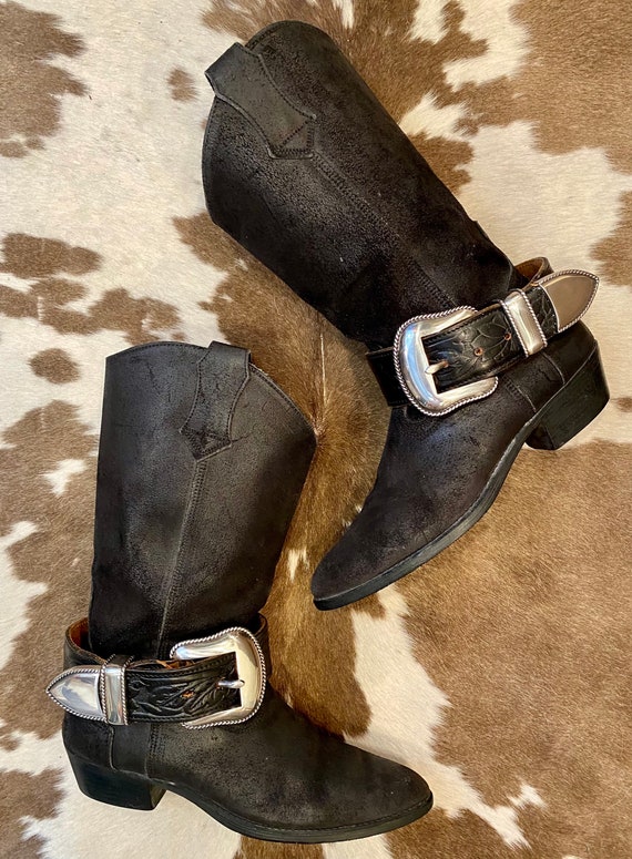 Black Suede Western Cowgirl Boots with Large Western Belt Harnesses women’s size 10 M
