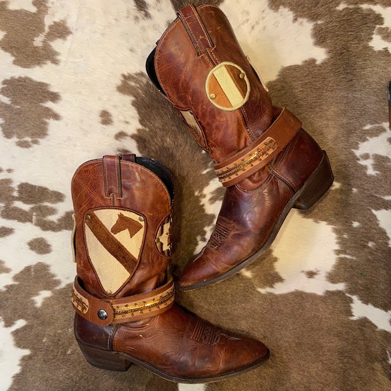 Handcrafted Brown Leather Vintage Code West Western Cowgirl Boots with Vintage Military Patches and belt bands woman’s size 11 M