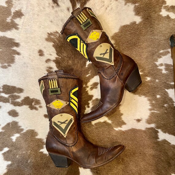 Handcrafted Leather Prima Base Cowgirl Boots with Vintage Military Patches women’s size 6 1/2 M