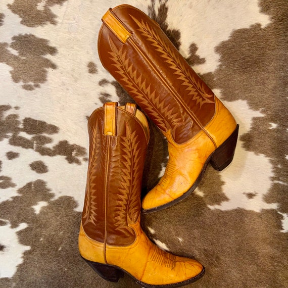 Vintage Black Label Tony Lama Tan and Brown Leather Tall Cowgirl Boots women’s size 5 1/2 C