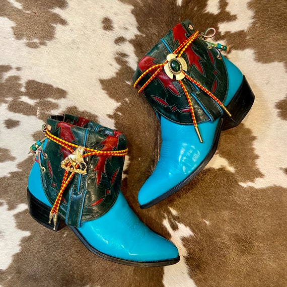 Handcrafted Turquoise and Emerald Green Western Tony Lama Cowgirl Western Ankle Booties with Inlays and Bolo Ties size 10 1/2