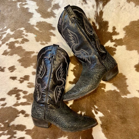 Black and Charcoal Grey Vintage Tony Lama Leather Cowboy Western Boots With Fancy Stitched Vamps men’s size 10 1/2 D