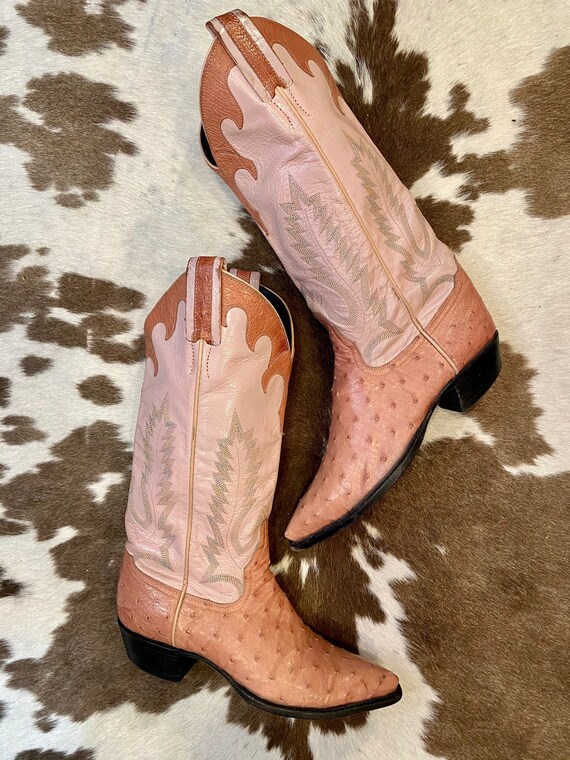 Gorgeous Baby Pink Exotic Ostrich and Leather Larry Mahan Cowgirl Boots with Metallic Rainbow Stitched Vamps women’s size 5 girls size 5.5