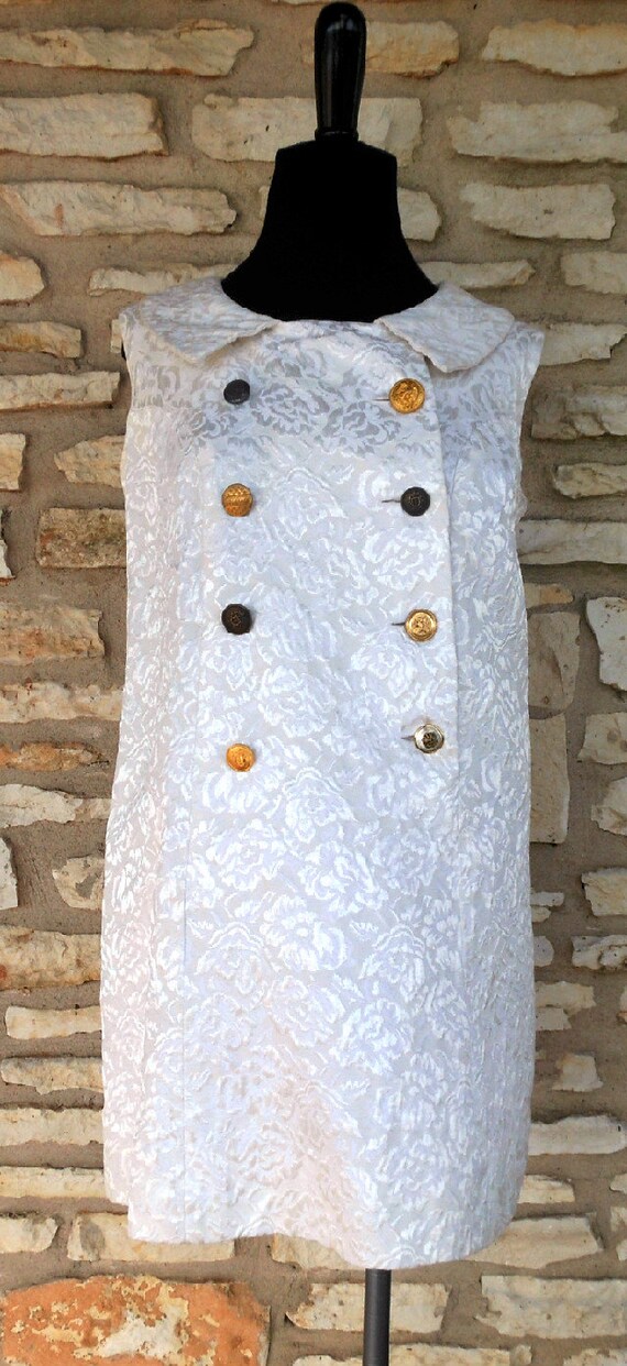 Vintage 1950s 1960s Mod Military White Lace Dress with Military buttons and Patches