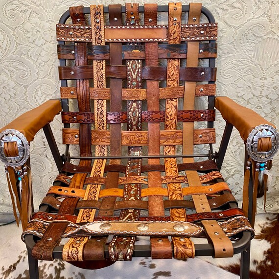 Handcrafted Western Leather Folding Chair made from Vintage Leather Belts, Fringe & Feathers