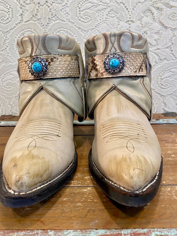 Hand Crafted Ivory Leather Nocona Western Cowgirl Ankle Booties with Snakeskin and Turquoise Belts women’s size 9 1/2 C