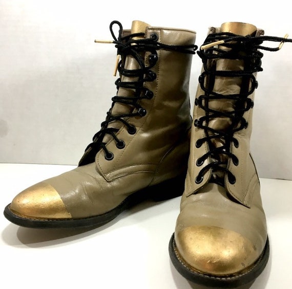 Beige and Gold Leaf Lace Up Granny Roper Boots woman's size 6M